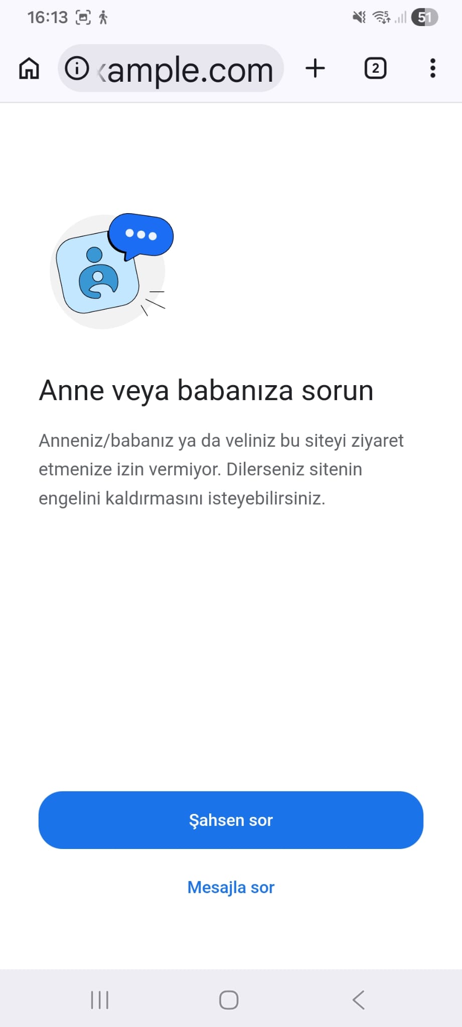 Same supervised account, trailing-dot variant example.com. Page loads, no parental block