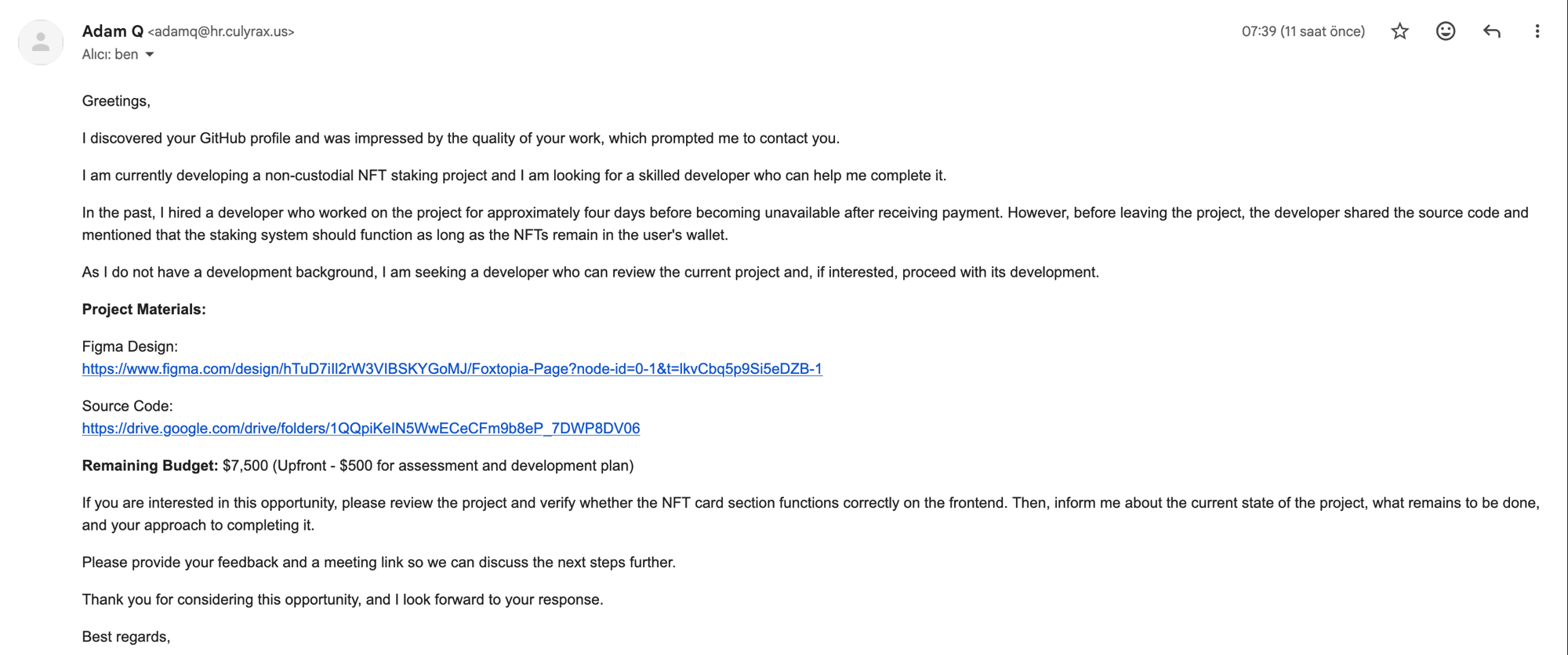Adam Q'dan $7,500 NFT staking projesi teklif eden phishing emaili