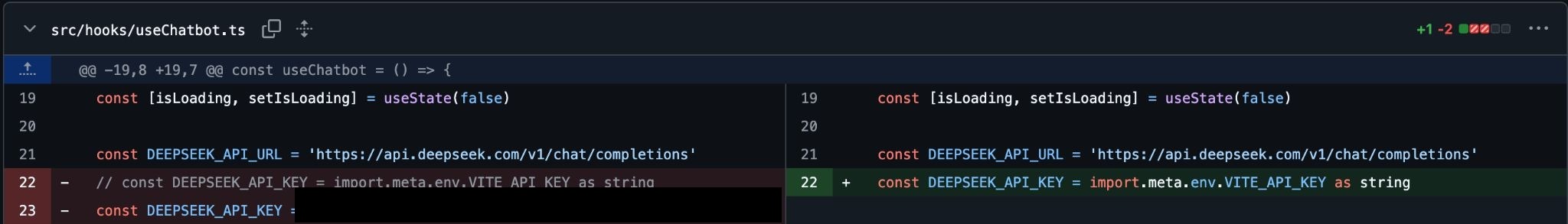 AI tarafından üretilmiş kodda hardcoded DeepSeek API key'i: yorumda "replace with your key" placeholder'ı bırakılmış ama gerçek key commit'lenmiş