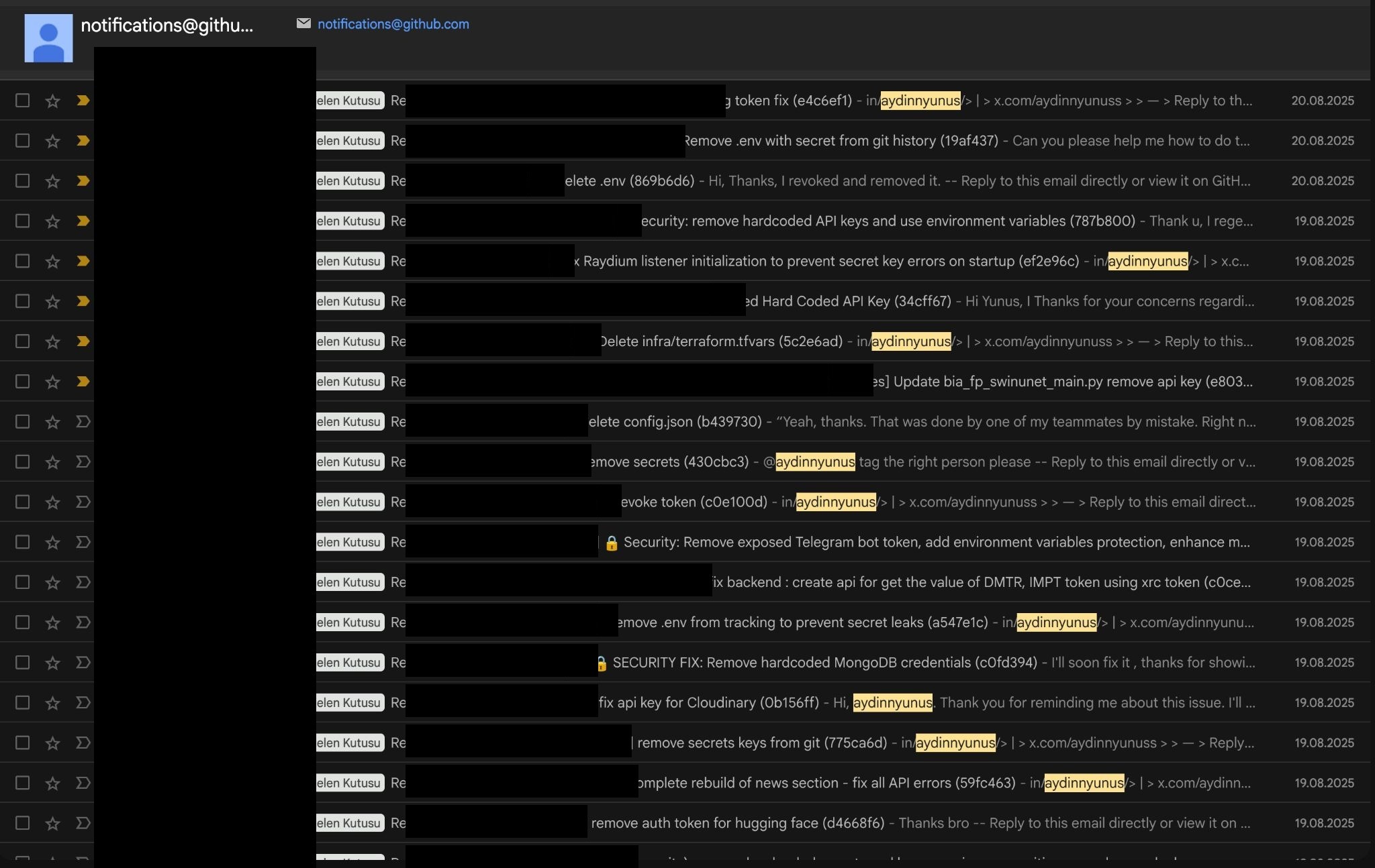 Etkilenen maintainer'lardan gelen disclosure cevapları: "thanks, I revoked and removed it", "fix api key for Cloudinary", "Removed Hard Coded API Key", "SECURITY FIX: Remove hardcoded MongoDB credentials"
