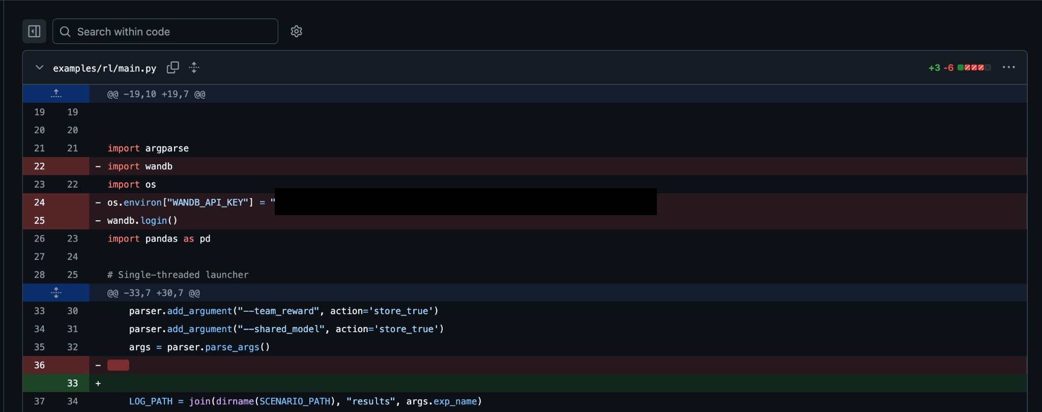 microsoft/maro repo'sundaki commit diff'i: hardcoded bir WANDB_API_KEY içeren config dosyası eklenmiş