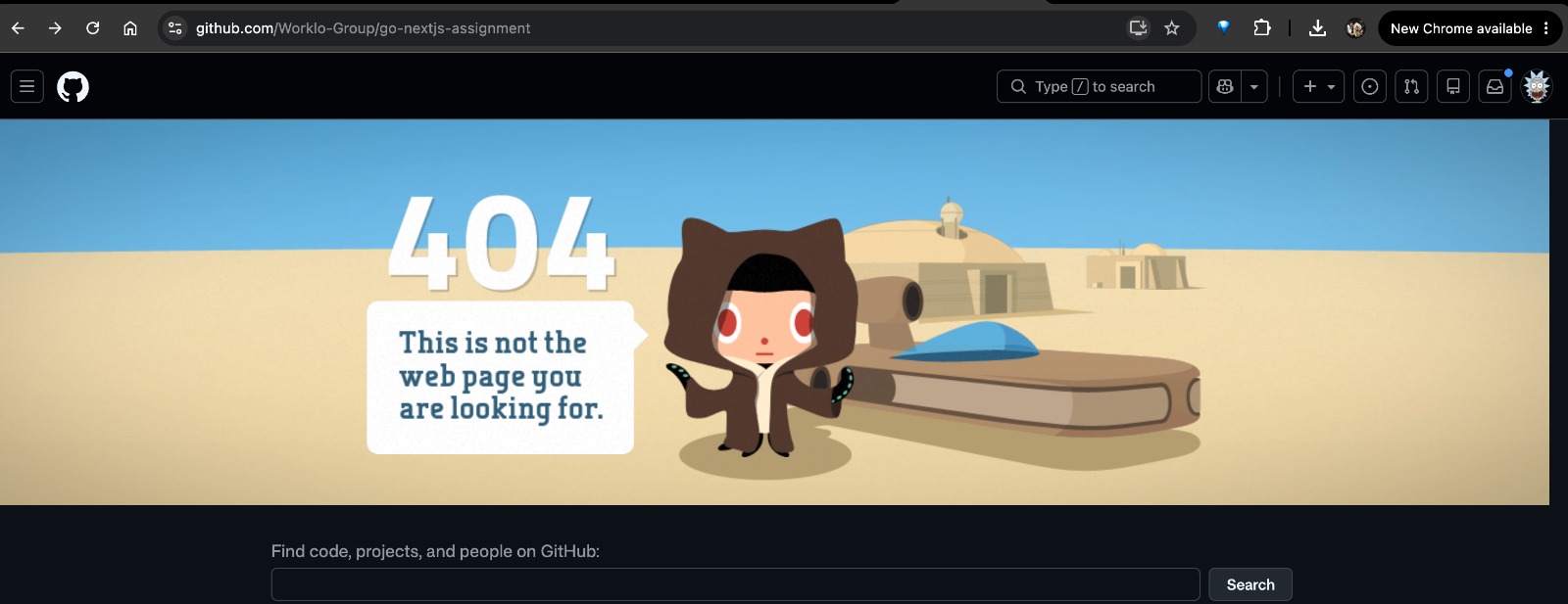 GitHub 404 page for github.com/Worklo-Group/go-nextjs-assignment