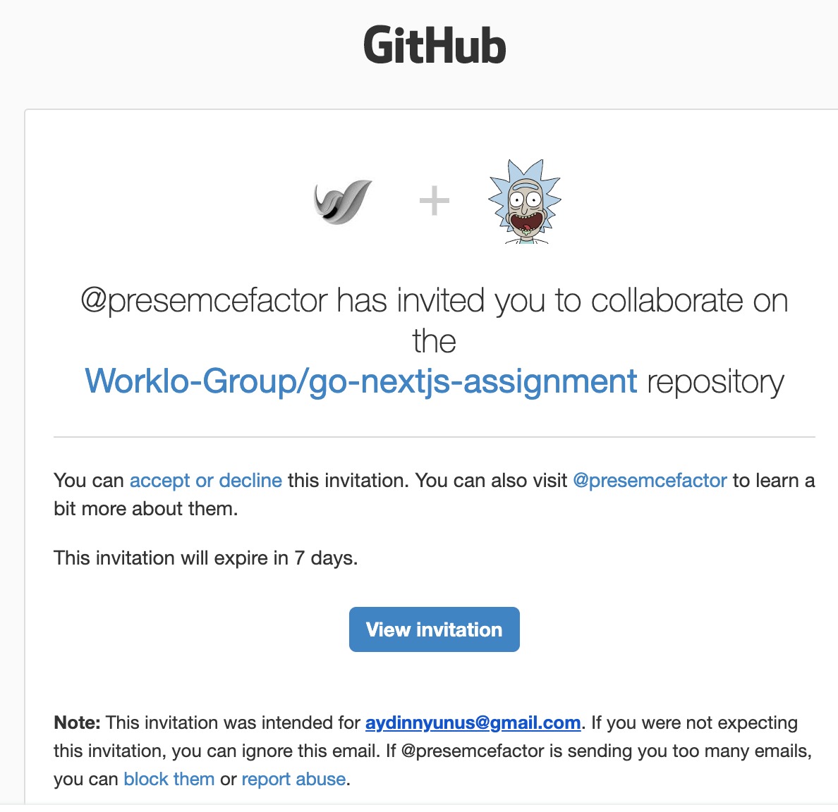 GitHub email invitation from @presemcefactor to collaborate on Worklo-Group/go-nextjs-assignment