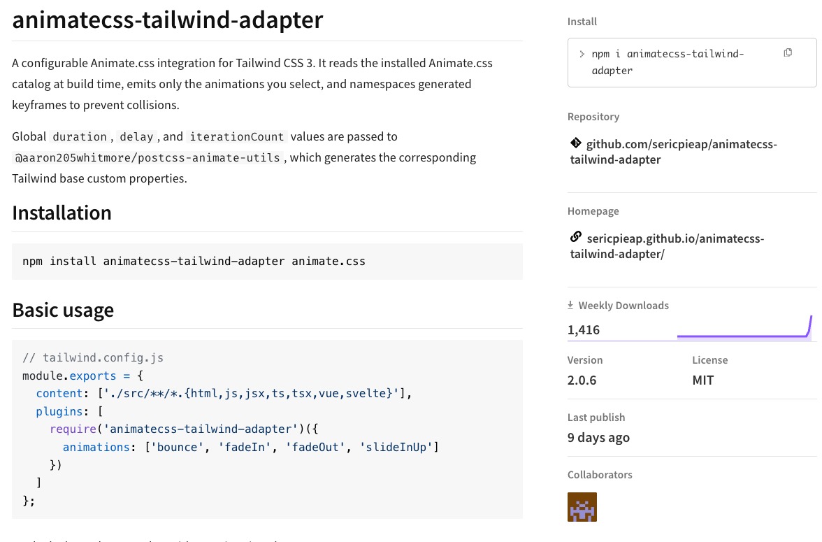 npm page for animatecss-tailwind-adapter showing 1,416 weekly downloads