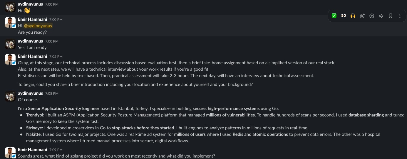 Slack conversation with Emir Hammani starting the technical interview
