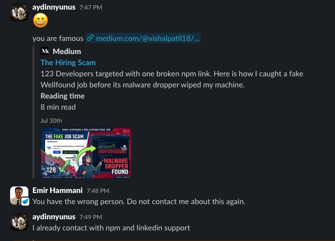 Slack message confronting Emir about C2 server and malware, sharing the Medium article about the same campaign